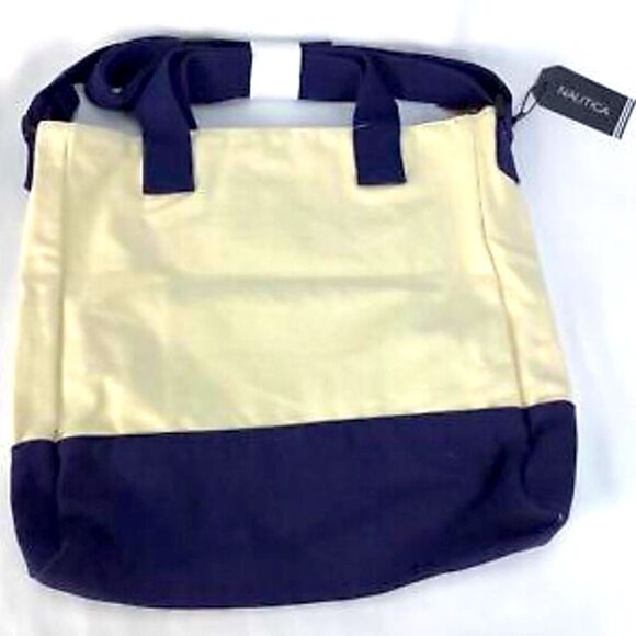 Nautica Navy Cream Canvas Tote NEW - Picture 3 of 9